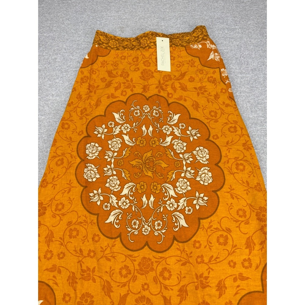 Rachel Zoe | Mustard Orange Floral Medallion Linen Blend Maxi Skirt | Small - Picture 13 of 16